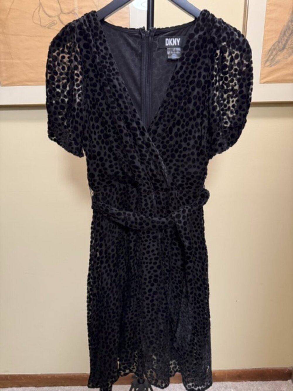 DKNY Black Velvet Flocked Mesh / Organza, Midi Dress, A-line, Size 4